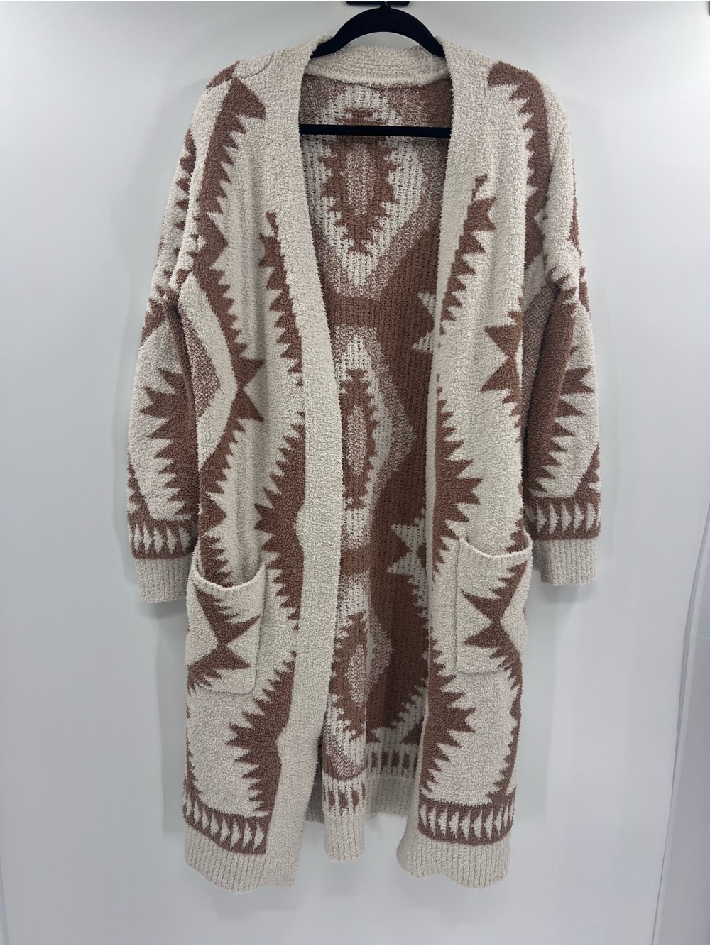 Boho Aztec Pattern Long Cardigan Cream Brown Open Front L - Picture 2 of 7